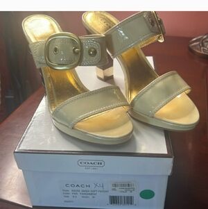 Coach Parchment Patent Leather Block Heel Sandals